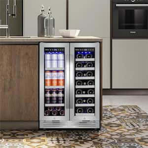 23.47 in. Dual Zone 18-Wine Bottles and 57-Cans Beverage and Wine Cooler in Silver Two Shape of Door Handles Blue LEDs