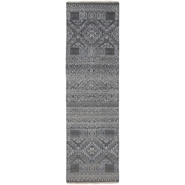 2 ft. x 8 ft. Gray and Ivory and Blue Geometric Area Rug