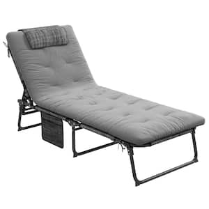 4-level Reclining Back Gray Metal Outdoor Folding Chaise Lounge with Gray Cushion, Side Pocket, Headrest