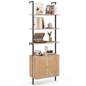 71 in. Tall Natural Wood 3-Shelf Wall Mounted Ladder Bookcase with Rattan Cabinet