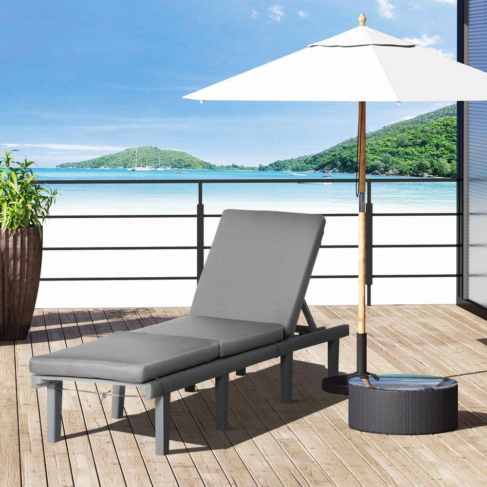Gray Wood Outdoor Chaise Lounge with Adjustable Backrest and Cushions