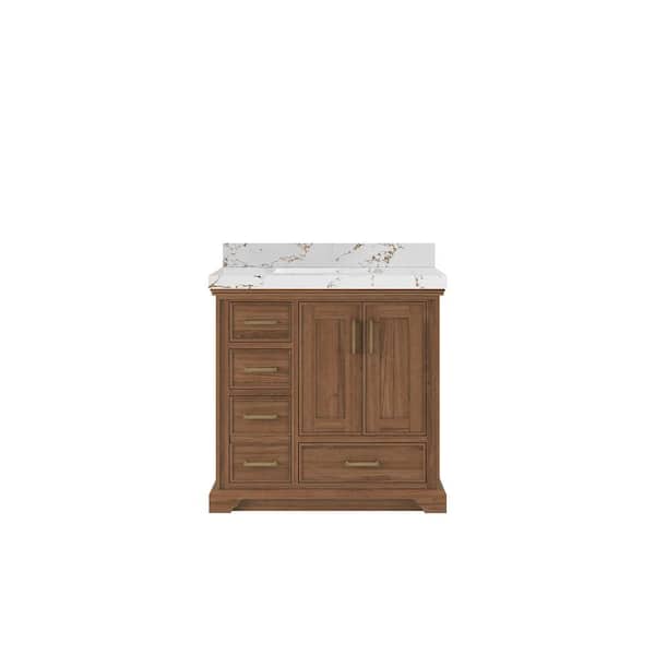 Willow Collections Charlotte Teak 36 in. W x 22 in. D x 36 in. H Center Sink Bath Vanity in Dark Natural with 2 in. Viola Brown Top
