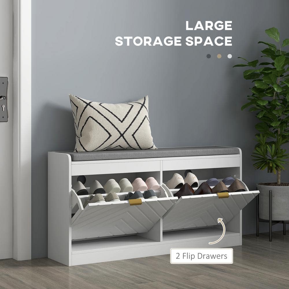 White MDF Shoe Bench with Storage and Cushion