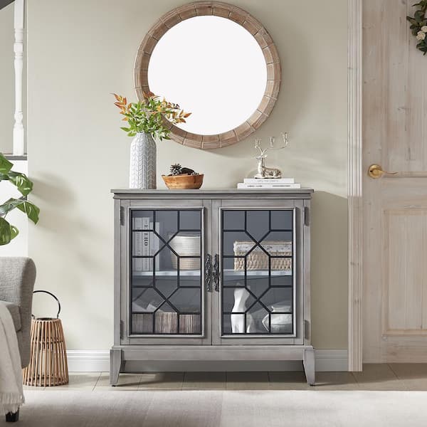 FARATI Antique Grey Wood 36 in. Sideboard Cabinet with Adjustable Shelves and Glass Doors Storage Buffets for Living Room