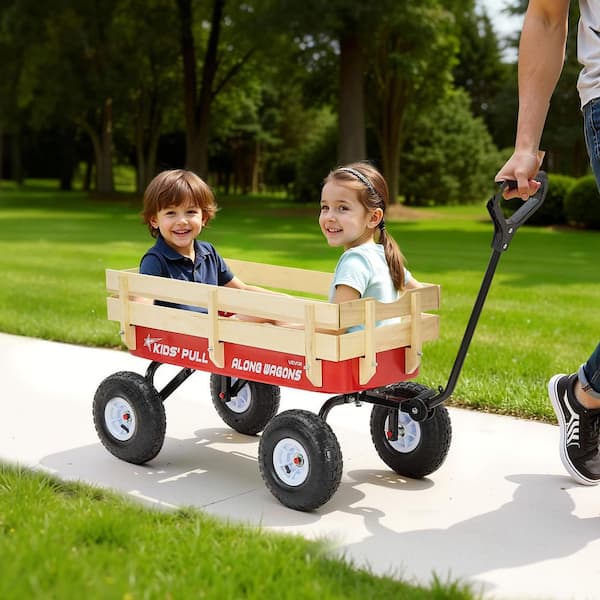 Pull-Along Wagon for Kids, 39 in. Toddler Wagons Wooden Panels and Handle, 330 lbs. Red, 0.9 cu. ft. Metal Garden Cart