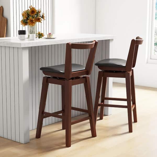 Costway 30.5 in. Walnut Low Back Wood Swivel Bar Stool Counter Stool (Set of 1) with PU Leather Cushion