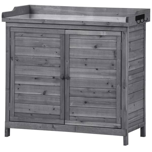Unbranded 39 in. W x 19.1 in. D x 37.4 in. H Gray Outdoor Wooden Potting Bench Table, Garden Shed with Shelves and Side Hook