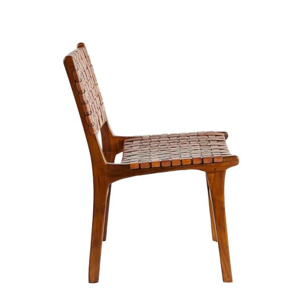 Grain Woven Leather Dining Chair, Leather Strapping Dining Chair Teak Tantra