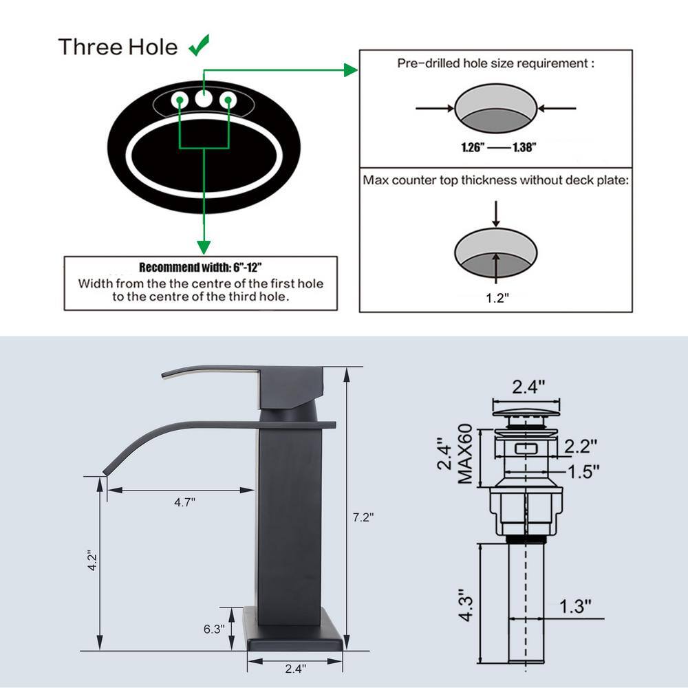 Matte Black Single Handle Waterfall Bathroom Faucet with Pop-up Drain