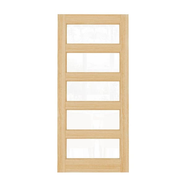 36 in. x 80 in. Modern Universal/Reversible 5-Lite Tempered Clear Glass Unfinished Pine Wood Front Door Slab