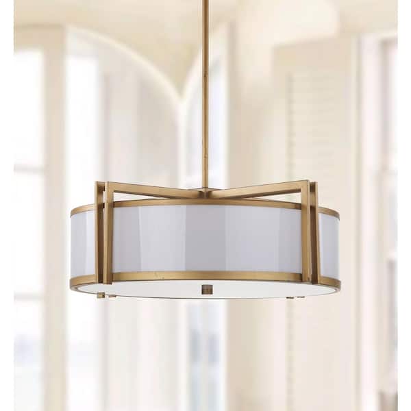 Orb Drum 5-Light Antique Gold Drum Hanging Pendant Lighting with Cream Shade