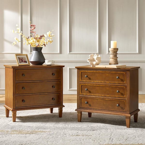 Leandro Acorn 3 Drawer 28.3 in. W Nightstand with Built-in Outlet and Solid Wood Legs (Set of 2)