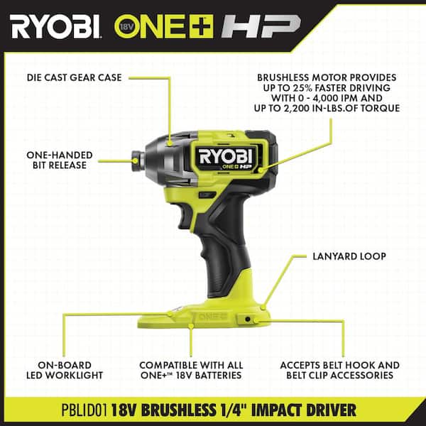 RYOBI - ONE+ HP 18V Brushless Cordless 1/2 in. Drill/Driver and Impact Driver Kit w/(2) 2.0 Ah Batteries, Charger, and Bag