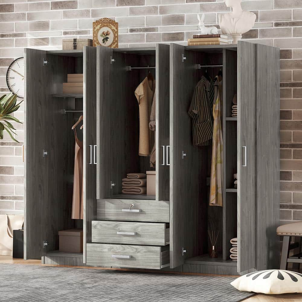 Harper & Bright Designs Gray Wood 70.9 in. 6-Door Wardrobe Armoire with ...