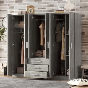 Gray Wood 70.9 in. 6-Door Wardrobe Armoire with 3-Drawers, 5-Storage Shelves and 3-Hanging Rails