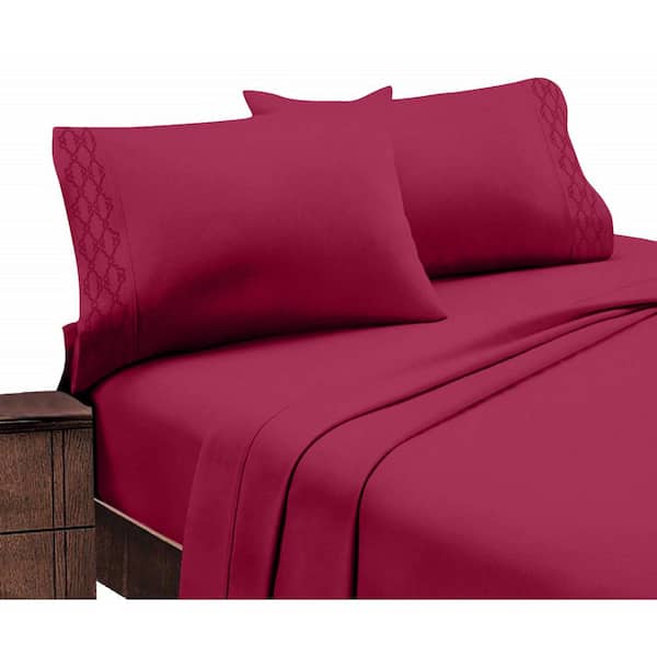 Unbranded Home Sweet Home Extra Soft Deep Pocket Embroidered Luxury Bed Sheet Set - Full, Burgundy