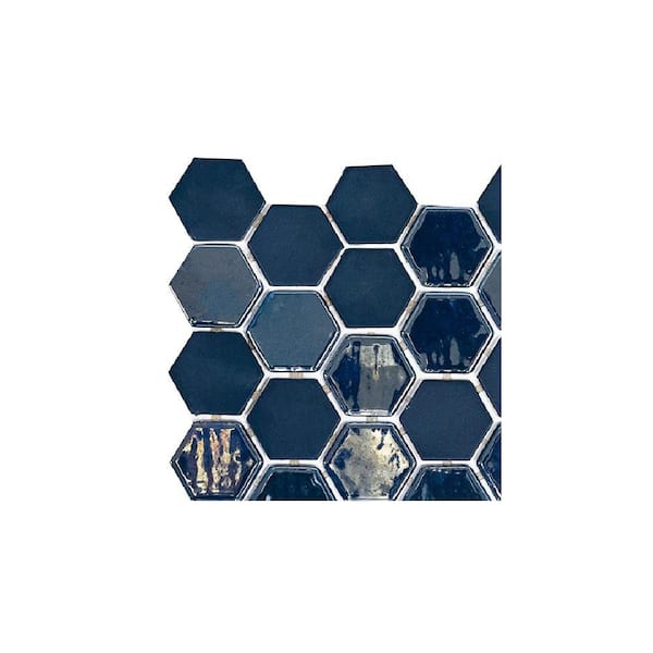 Take Home Tile Sample - 2 in. Hexagon Blue 4 in. x 4 in. Gloss and Matte Glass Mosaic Wall Tile Sample