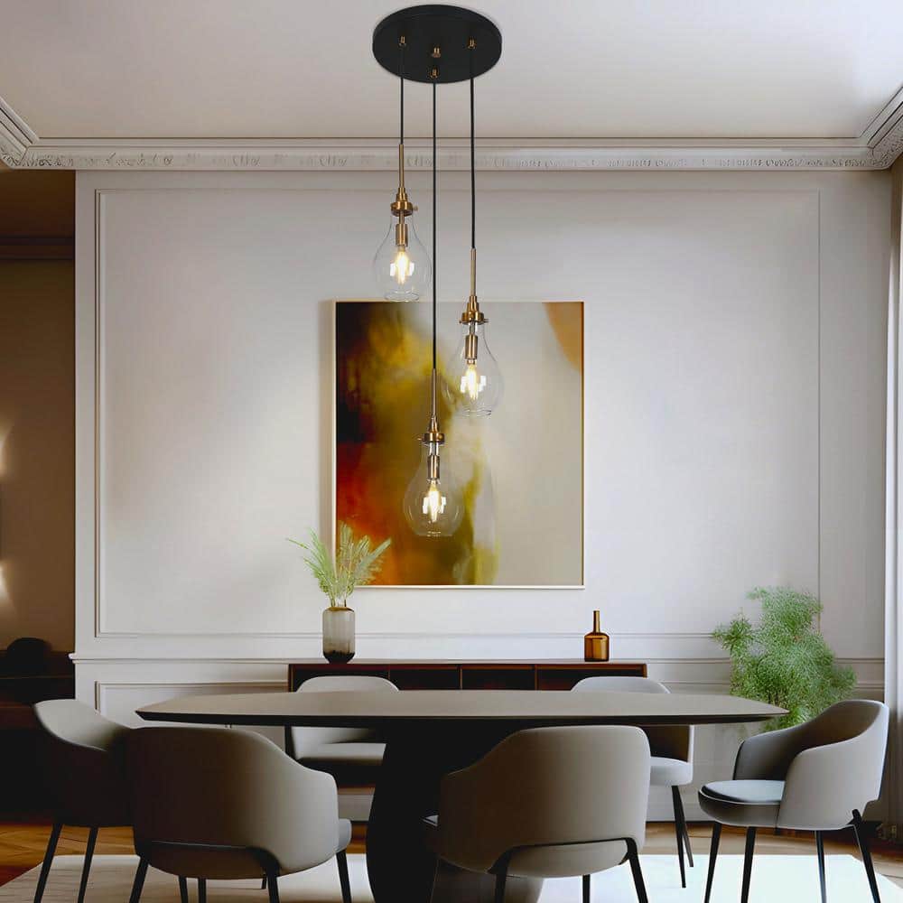 Matte Black and Brass 3-Light Teardrop Glass Pendant