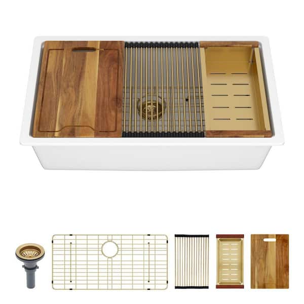 30 in. Undermount Sink Granite/Quartz Composite Single Bowl Wrokstation Kitchen Sink in White with Gold Accessories