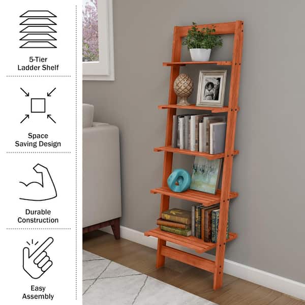 50 in. Cherry Wood 5-shelf Ladder Bookcase with Open Back