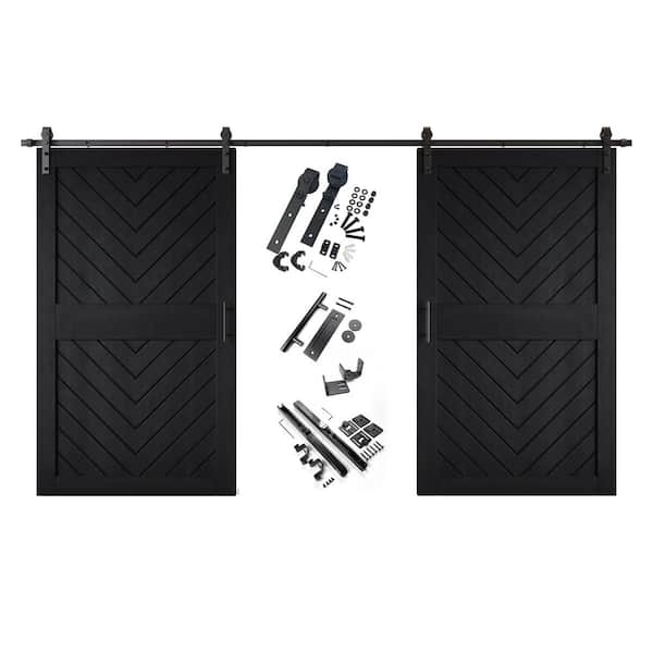 JT3 48 in. x 84 in. C-Panel Black Fishbone Design Double Pine Wood Sliding Barn Door with Hardware Kit
