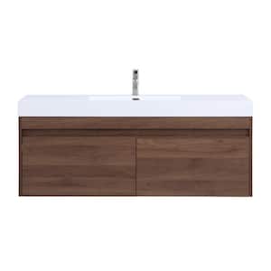 Eternal 59 in. Wall Mounted Bathroom Vanity in Walnut with Resin Vanity Top in White with Single White Basin
