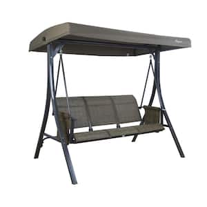 Brenda 3-Person Powder Coated Steel Gray Frame Patio Swing with Taupe Color Canopy and Textilence Seats