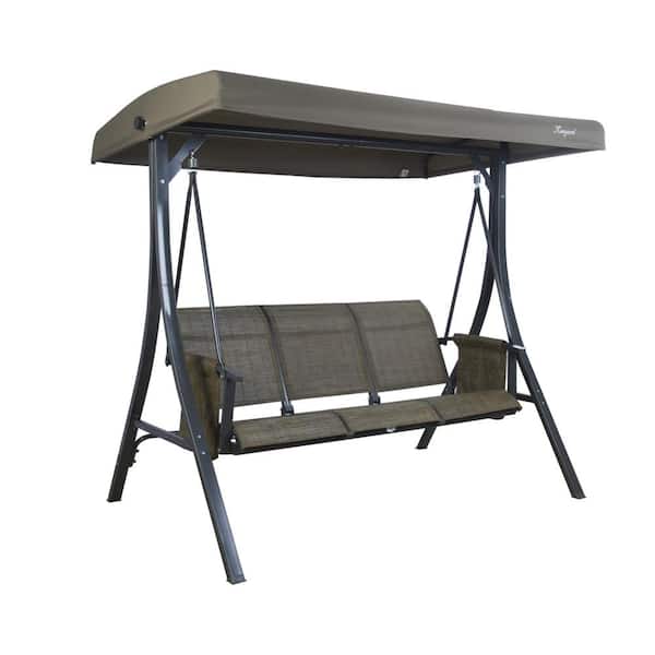 Kozyard Brenda 3 Person Powder Coated Steel Gray Frame Patio Swing With Taupe Color Canopy And Textilence Seats Kzsw3409t The Home Depot