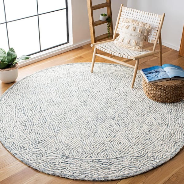 Capri Ivory/Blue 7 ft. x 7 ft. Border Diamond Round Area Rug