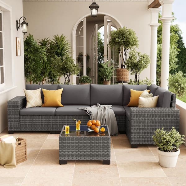 Poteban 6 Pieces Outdoor Gray Wicker Patio Conversation Set With Gray Cushions