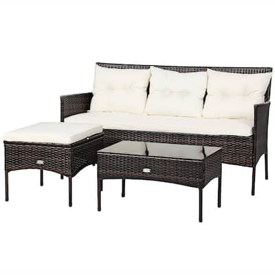 3-Piece Patio Wicker Furniture Set 3-Seat Sofa Outdoor Sectional Set with White Cushioned Table Garden