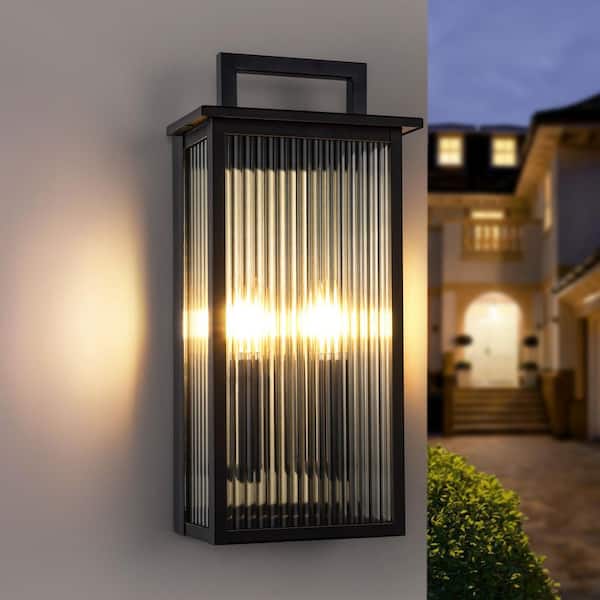 Montpelier 2-Light Black Hardwired 18 in. H Outdoor Sconce Dusk to Dawn Wall Lantern Sconce