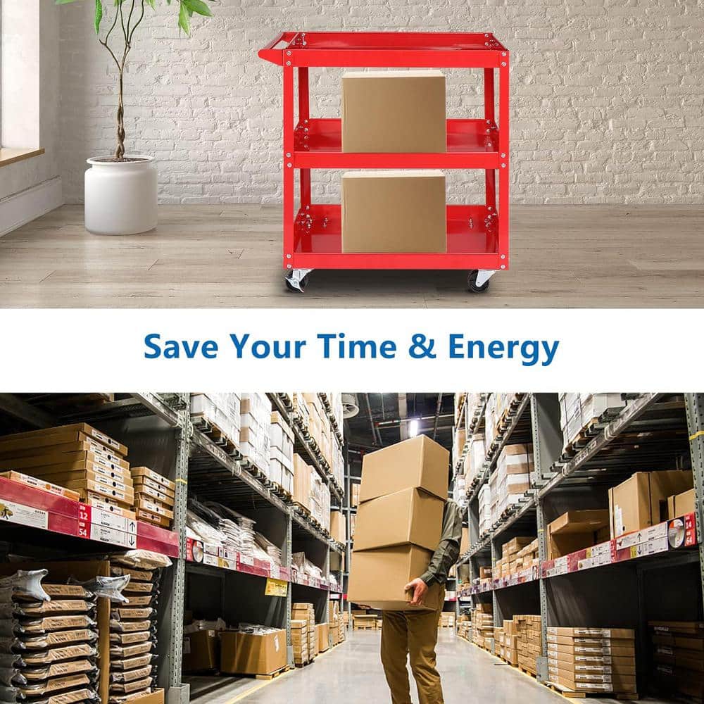 Red Heavy Duty 3-Tier Metal Utility Cart with Wheels