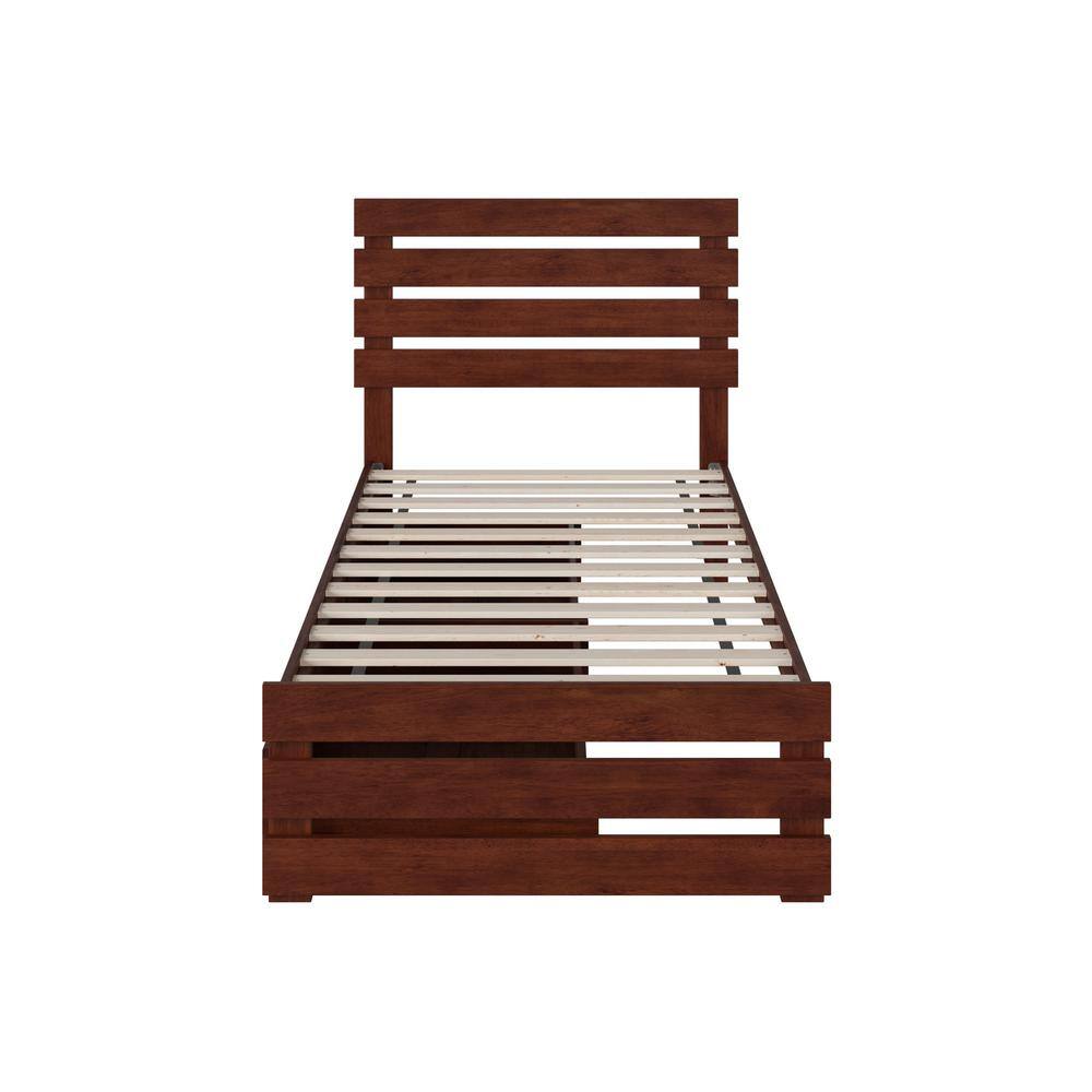 Walnut Twin Wood Platform Bed with Storage Drawers and USB Charger