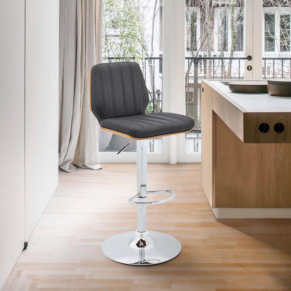 Gray Adjustable Swivel Bar Stool with Chrome and Walnut Accents