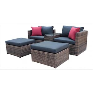 5 Piece Brown Wicker Outdoor Patio Garden Couch Sofa Set with Black Cushions and Red Pillows with Cover