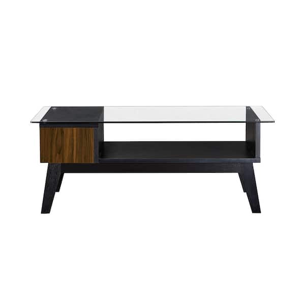 Furniture of America Tiega 48 in. Black/Distressed Walnut Large Rectangle Glass Coffee Table with Shelf