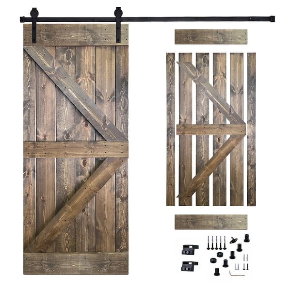 Akicon 30 in. x 84 in. Dark Brown Painted Wood Sliding Door with Hardware Kit, Pre-Drilled Ready to Assemble