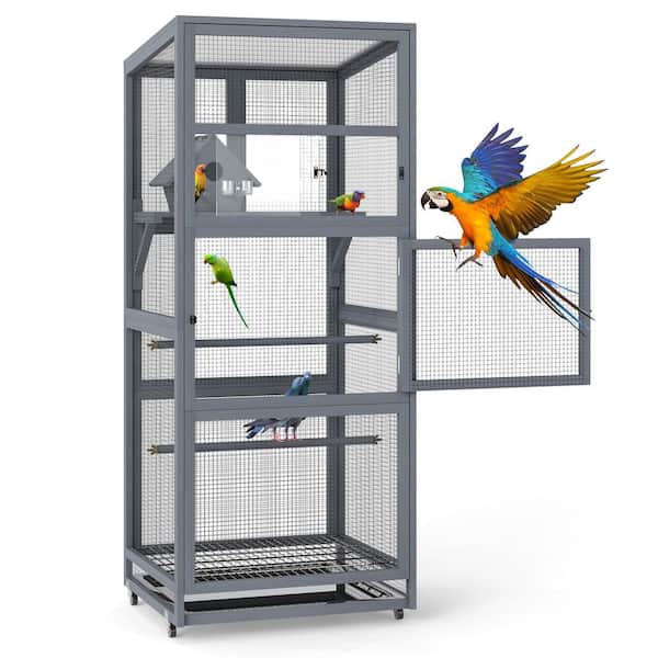 68 in. H Aviary Large Outdoor Wooden Bird Cage House, Gray