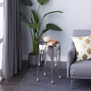 16 in. Silver Drip Large Round Glass End Table with Melting Design and Shaded Glass Top