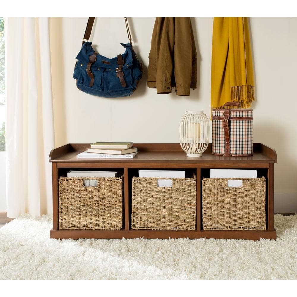 Transitional Pine and Wicker Storage Bench in Brown/White