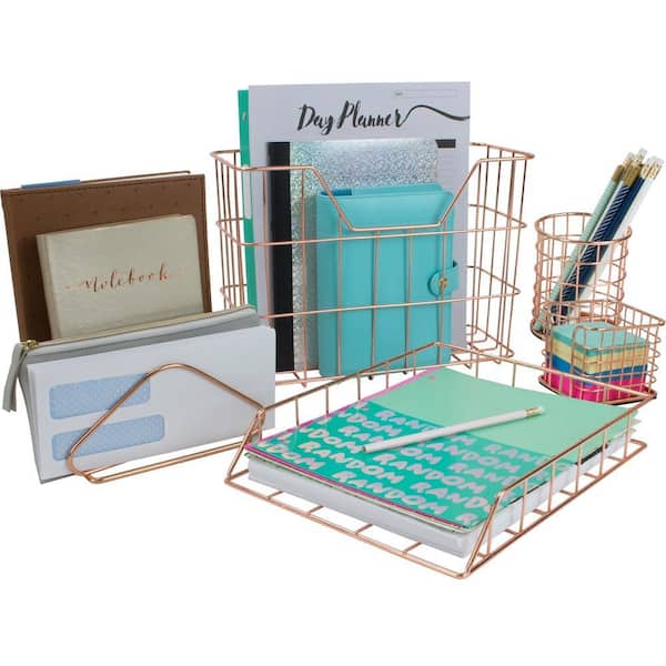 5-Piece Desk Organizer Set, Metallics 13 in. x 9.25 in.Metal Desk Accessories, Letter Tray, Pencil Cup, and More