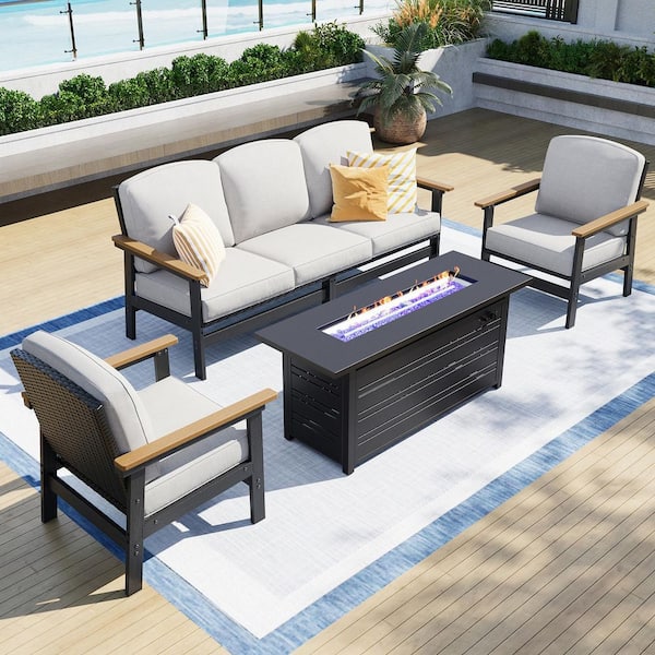 Brown Rattan 4-Piece 5 Seat HDPE Plastic Outdoor Patio Rectangle Fire Pit Conversation Set with Beige Cushions