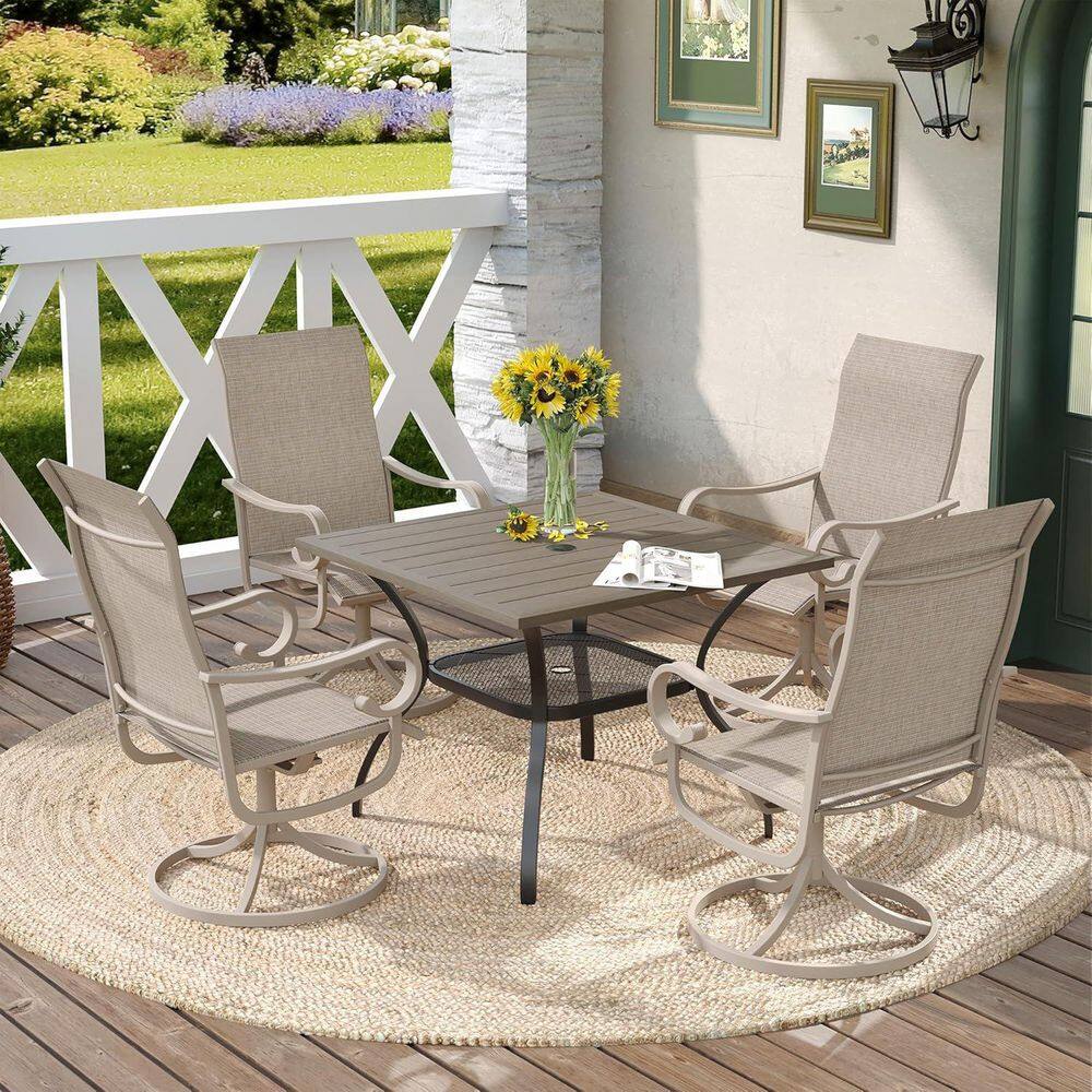 5 Piece Metal Patio Dining Set with 37.8 in. Gray Wood-Like Square Dining Table and 4 Sandshell Textilene Swivel Chairs price history on PriceWatchPro