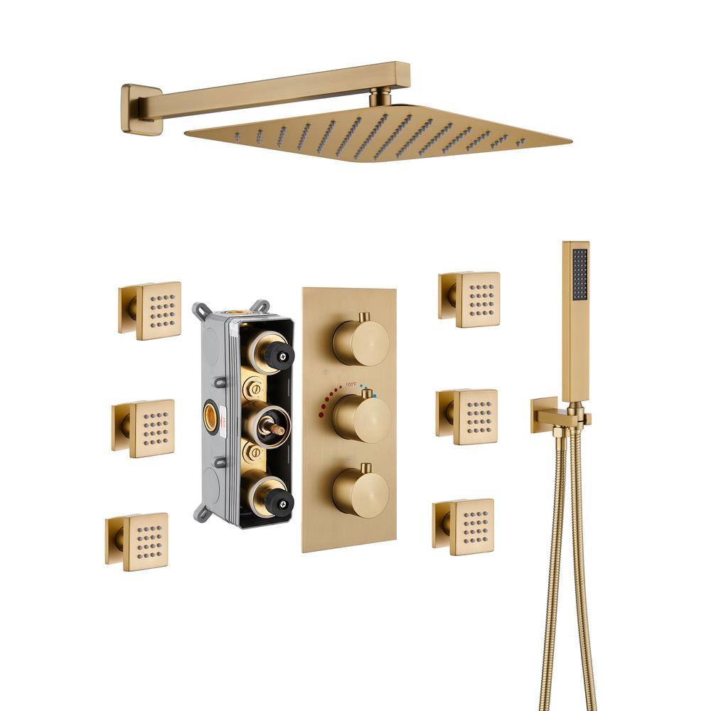 Mondawe Luxury 3-Spray Patterns Thermostatic 12 in. Wall Mount Rainfall Dual Shower Heads with 6-Jet in Brushed Gold -  WF6001-12BG