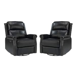 Kaletan Traditional Black Genuine Leather Power Sliding and Rocking Swivel Recliner Nursery Chair Set with Rolled Arms