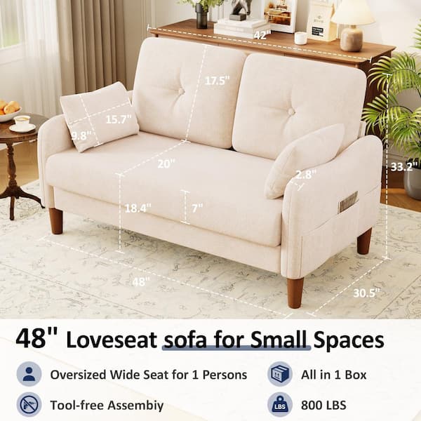 WEUP 48" Loveseat Sofa,Beige Chenille Modern Couches for Small Spaces,Deep Seat,Throw Pillow,Side Pockets,Curved Armrest NTLY-S68-CN-CW