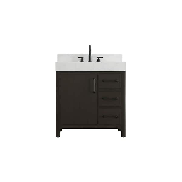32 in. Single Sink Mocha Brown Bath Vanity with White Engineered Marble Top and Backsplash