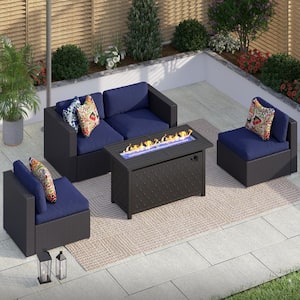 Dark Brown Rattan Wicker 4 Seat 5-Piece Steel Outdoor Fire Pit Patio Set with Blue Cushions, Rectangular Fire Pit Table