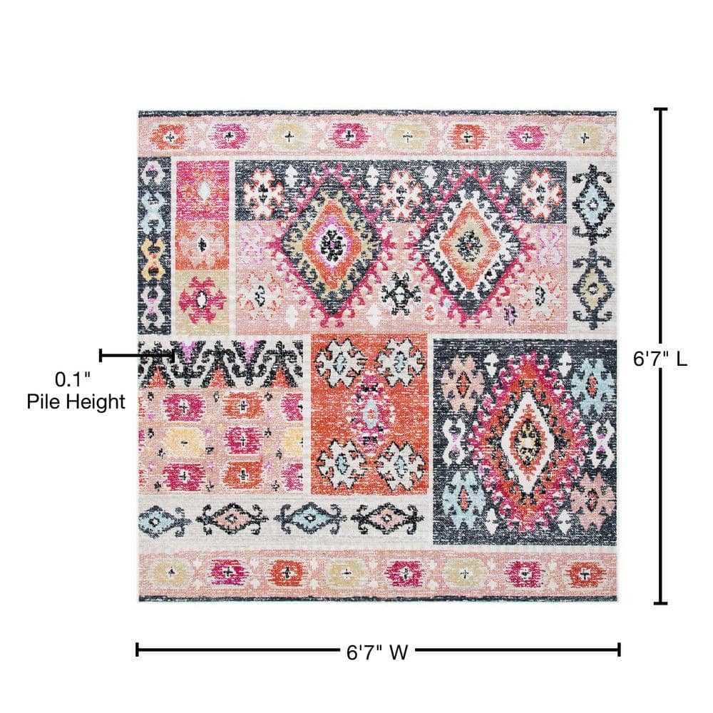 Aqua Fuchsia Medallion 79" Square Easy-Care Outdoor Rug